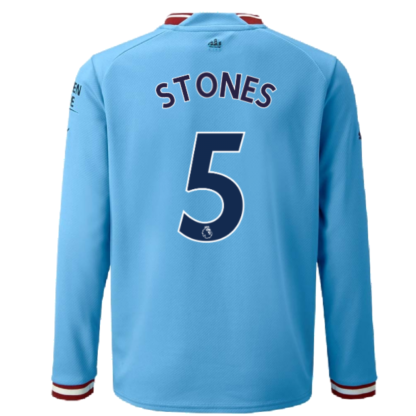 2022-2023 Man City Long Sleeve Home Shirt (Kids) (STONES 5)