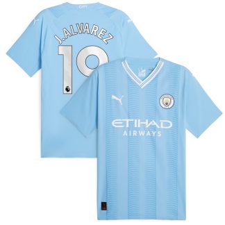 Manchester City Puma Home Authentic Shirt 2023-24 with J.Alvarez 19 printing